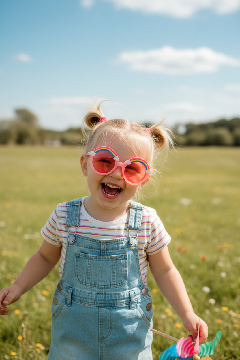 Kız çocuk model gökkuşağı pembe güneş gözlüğü lifestyle