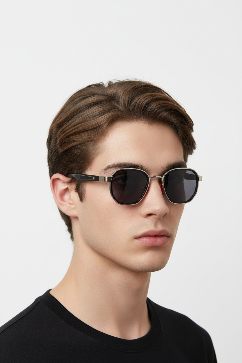 Erkek modelde unisex güneş gözlüğü sağdan açı