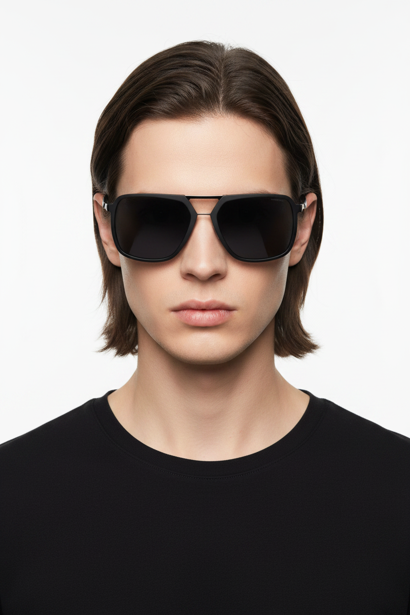 Modelde unisex kare aviator güneş gözlüğü önden
