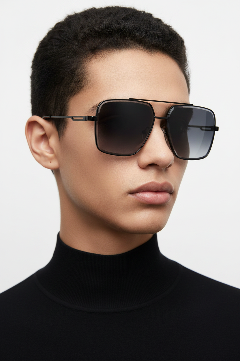 Erkek modelde oversize kare aviator güneş gözlüğü sağdan açı